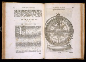 Experimentování s vlastnostmi magnetických kovů, z kapitoly 5 knihy De Magnete, Magneticisque Corporibus, et de Magno Magnete Tellure, vyd. Petrus Short, Londýn, 1600